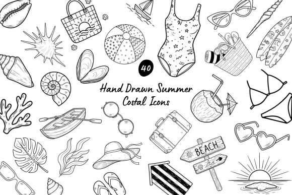 40 Hand Drawn Summer Coastal Icons: Your Creative Toolkit
