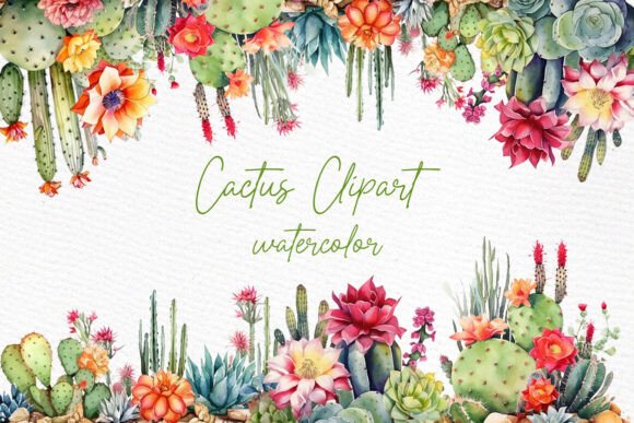 Blooming Cactus Set: Desert Plant Clipart for Modern Design