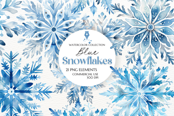 Blue Snowflakes Watercolor Clipart: Frosty Elegance