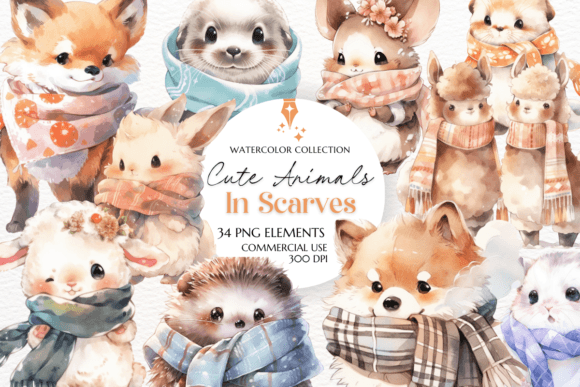 Cute Animals in Scarves Clipart Set: Cozy Design Charm
