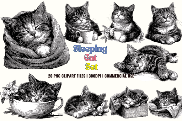 Embrace Tranquility: The Sleeping Cat Set Clipart Collection