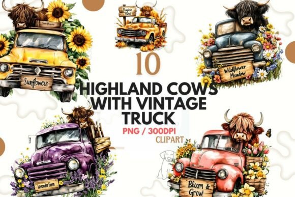 Highland Cows Vintage Truck Clipart PNG: Rustic Design Charm