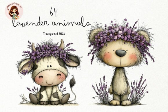 Lavender Animals Clipart PNG: A Soft, Hand-Drawn Collection for Your Projects