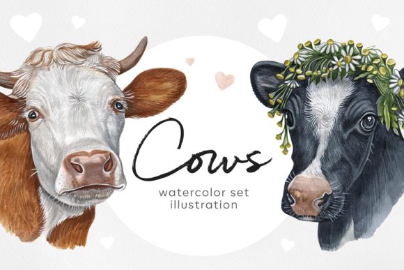 Watercolor Set 8 Cows Ox Illustrations: Authentic Art for Modern Branding