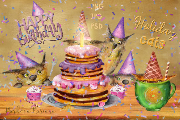 Whimsical Cat Birthday Illustrations for Creative Projects
